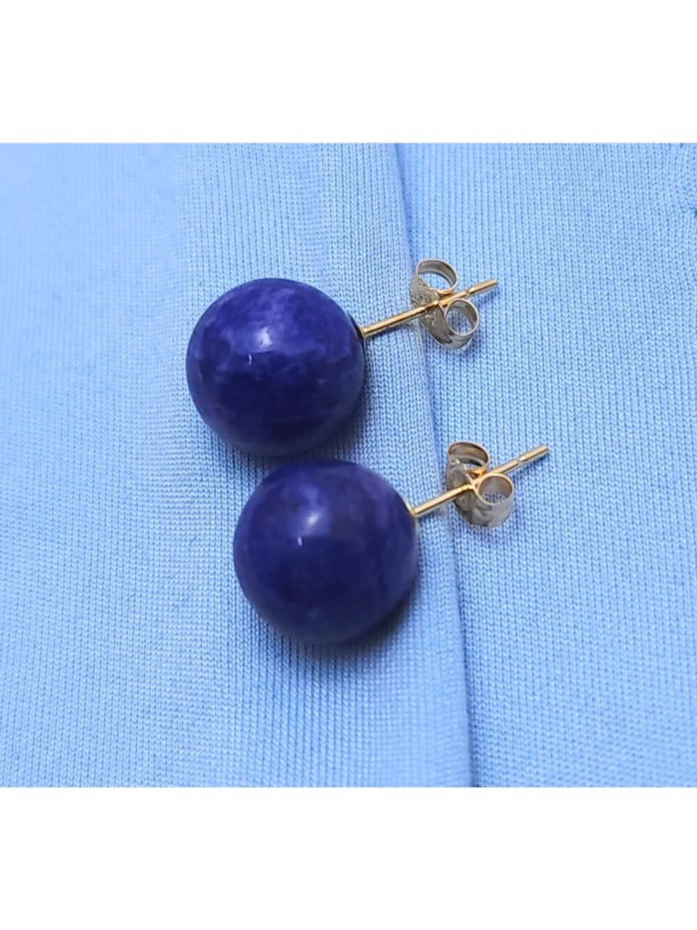 Beautiful 14K Karat Solid Yellow Gold Designer Lapis Lazuli Round Stud Earrings